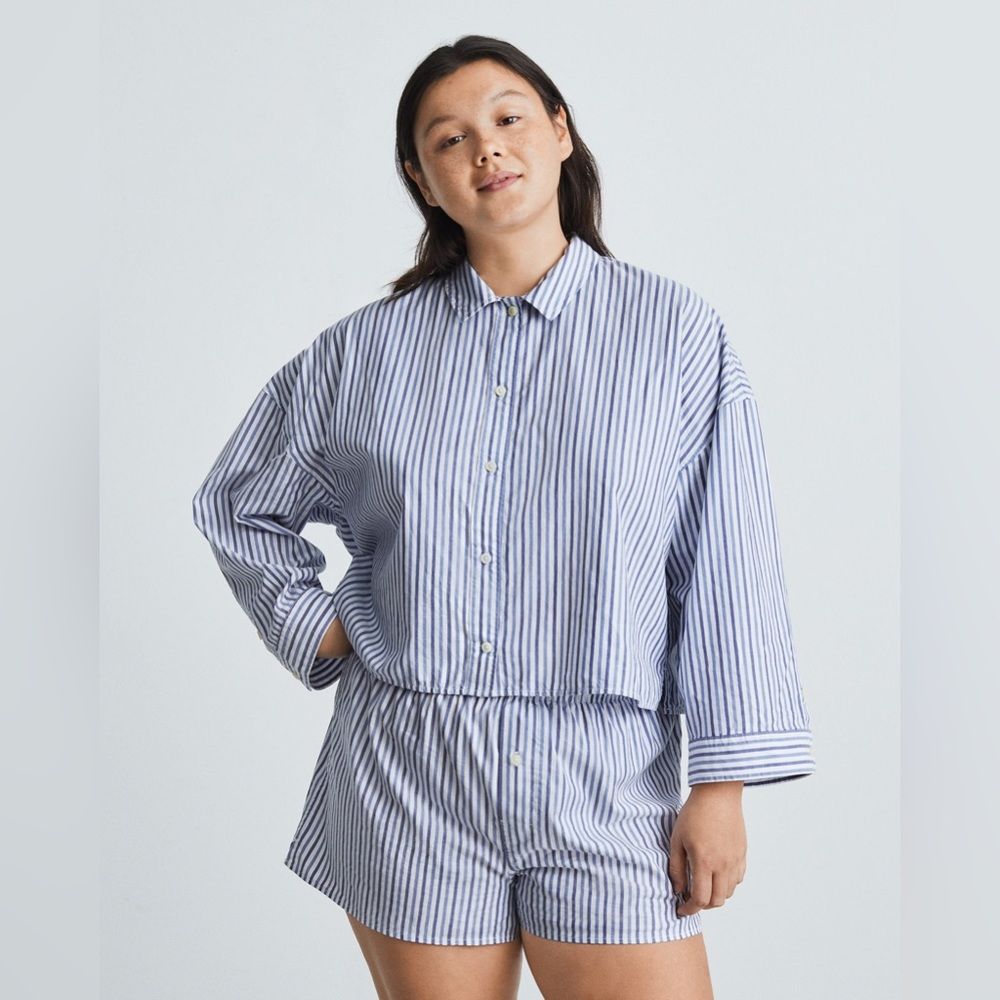 Everlane The Woven P.J. Top Cotton Blue Stripes Size Small Nwt